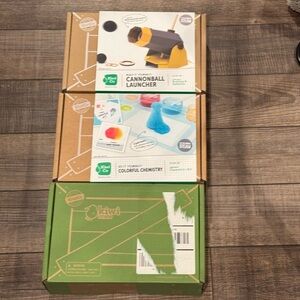 Kiwi Crate Explore Steam Colorful Chemistry & Cannonball Launcher New set of 3